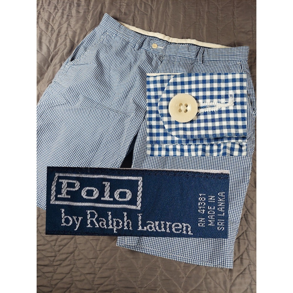 Vintage Polo Ralph Lauren Shorts Mens 35 Blue Gingham Check 10" Inseam Classic